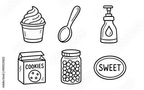 Hand drawn icons of sweet treats and kitchen items on a white background