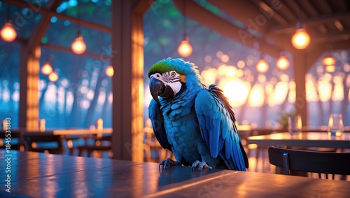 Colorful macaw perched on wooden table in a warm, ambient setting with hanging lights and soft sunset glow