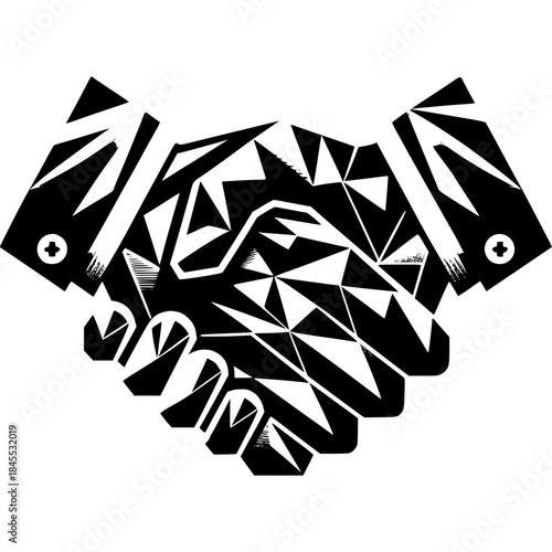 Collaboration Symbol: A stark graphic of two hands clasped in a firm handshake, symbolizing unity, agreement, and partnership.