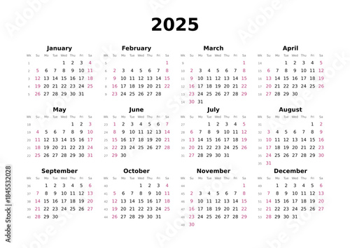 Kalender 2025 mit Wochenzählung, englisch, elegant, erster Wochentag ist Sonntag, Querformat