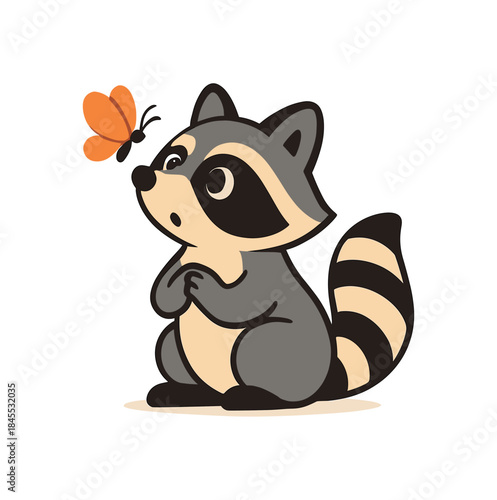 Flat vector illustration of bright raccoon watching butterfly hovering above nose gentle surprised pose