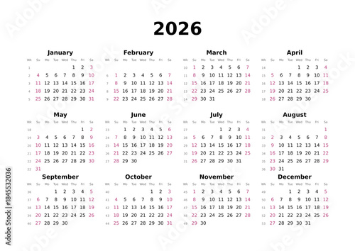 Kalender 2026 mit Wochenzählung, englisch, elegant, erster Wochentag ist Sonntag, Querformat
