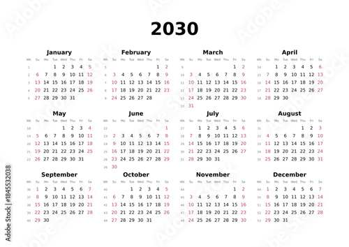 Kalender 2030 mit Wochenzählung, englisch, elegant, erster Wochentag ist Sonntag, Querformat