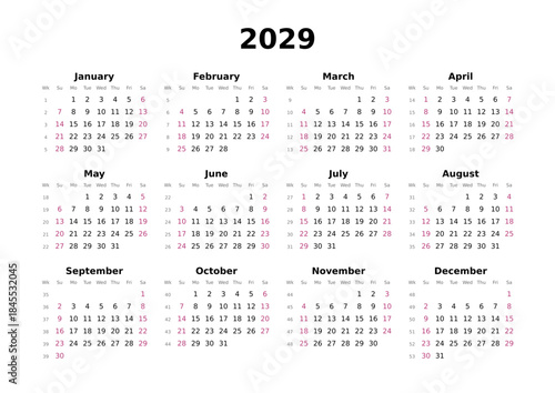 Kalender 2029 mit Wochenzählung, englisch, elegant, erster Wochentag ist Sonntag, Querformat