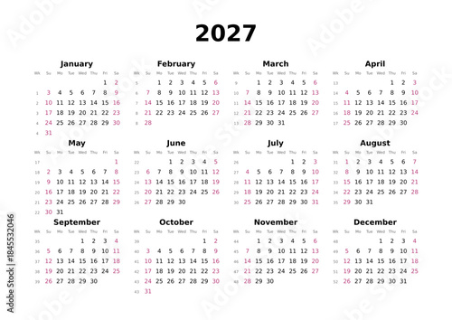 Kalender 2027 mit Wochenzählung, englisch, elegant, erster Wochentag ist Sonntag, Querformat