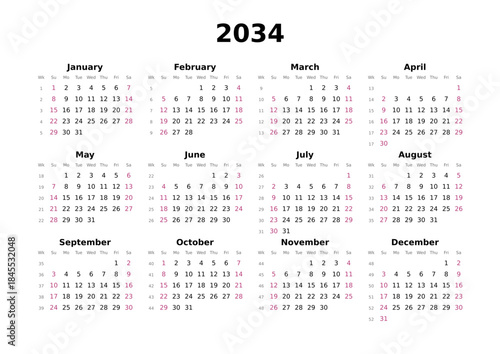 Kalender 2034 mit Wochenzählung, englisch, elegant, erster Wochentag ist Sonntag, Querformat