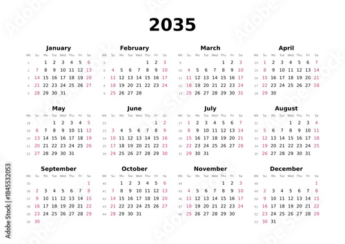 Kalender 2035 mit Wochenzählung, englisch, elegant, erster Wochentag ist Sonntag, Querformat
