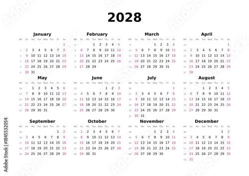 Kalender 2028 mit Wochenzählung, englisch, elegant, erster Wochentag ist Sonntag, Querformat