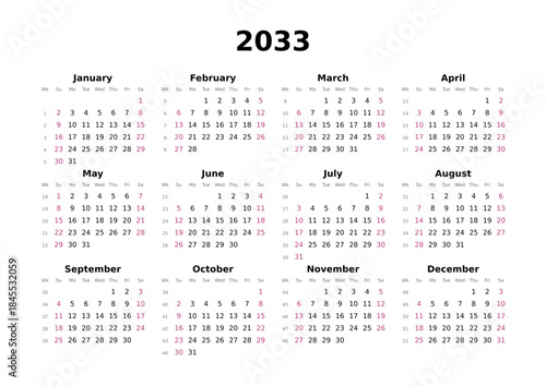 Kalender 2033 mit Wochenzählung, englisch, elegant, erster Wochentag ist Sonntag, Querformat