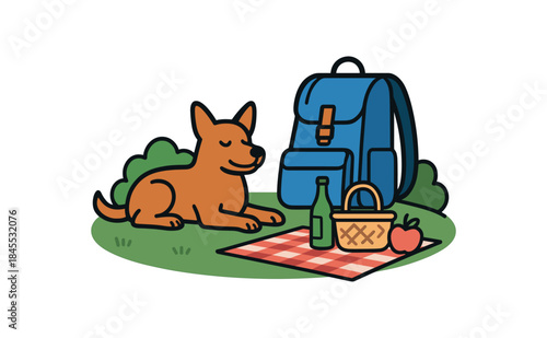 Flat vector illustration of bright dog resting beside backpack on picnic