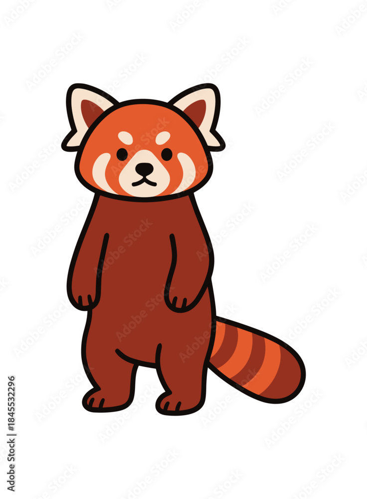 Obraz premium Flat vector illustration of bright red panda standing alert on hind legs with ears perked
