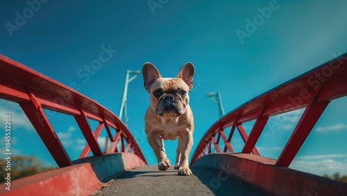 A small dog confidently walks across a bright red bridge under a clear blue sky, capturing its playful spirit