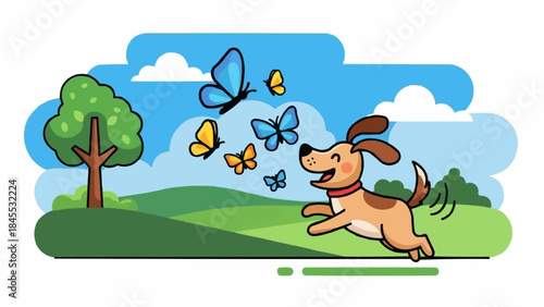 Happy dog chasing butterflies in a sunny meadow.