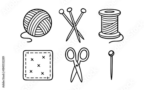Hand-drawn sewing and knitting supplies collection with yarn, needles, and scissors