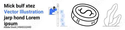 Finance, investment, risk management, economic strategies, business goals, career advancement. Includes a coin, ladder with risk text and a plant icon. Risk management and financial growth theme