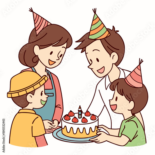 Family in party hats celebrating with homemade cake