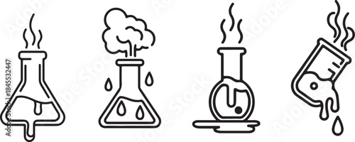 Hot Chemistry Lab Glassware Icons – Boiling Flasks, Steaming Beakers, Reactive Liquids, Science Experiment Symbols