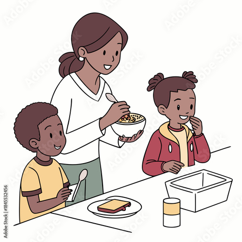 Family eating breakfast in a rush on white background