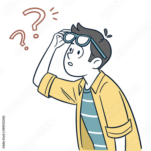 Man searching for glasses already on head puzzled confused
