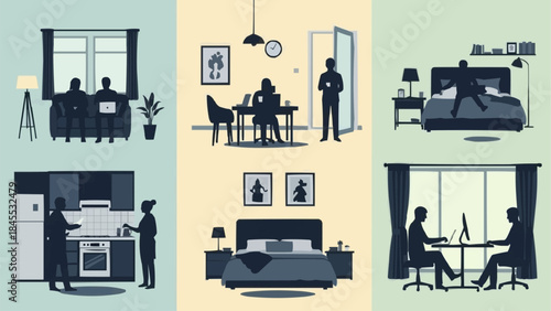 Silhouettes of people in various indoor scenes representing daily life and work activities.