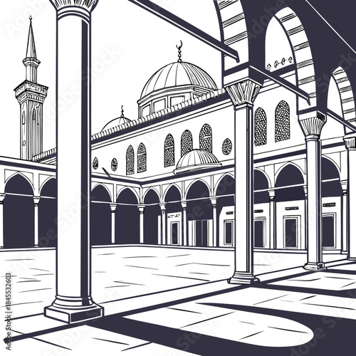 Ancient mosque courtyard with columns and domes