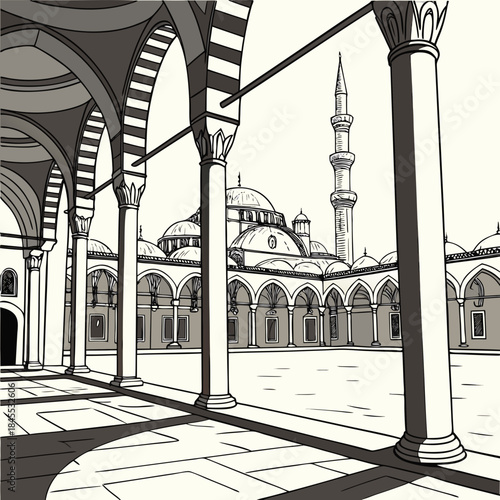Black and white of ancient mosque courtyard with columns and minaret