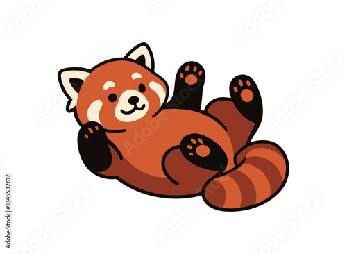 Flat vector illustration of bright red panda lounging on back with paws up playful lazy pose
