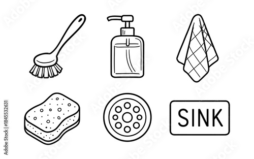 Hand-drawn icons of cleaning supplies for kitchen and bathroom chores