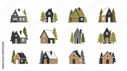 Collection of Cozy Winter Cabins and Houses with Pine Trees.