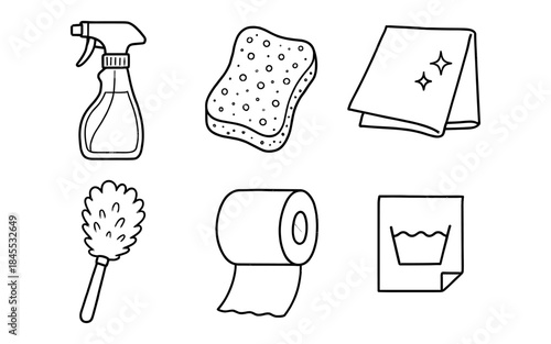 Set of hand-drawn cleaning supplies and tools for household chores