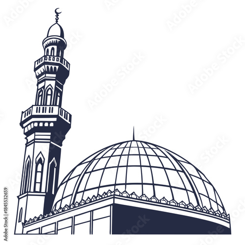 Minaret silhouette standing beside modern glass dome mosque