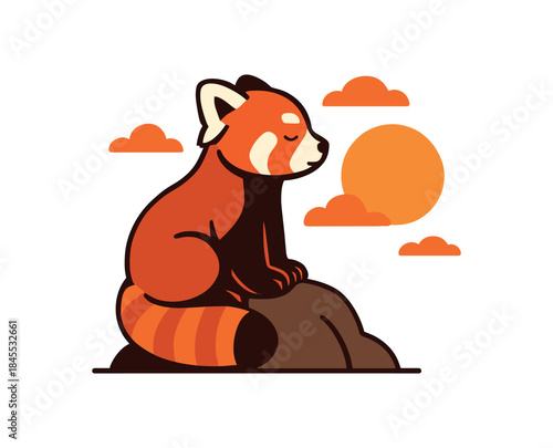 Flat vector illustration of bright red panda sitting on rock watching sunrise peaceful pose