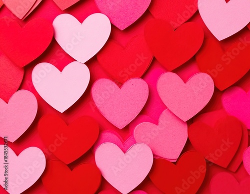 Red and pink paper hearts background. Valentine's Day card.