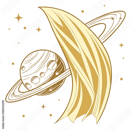 Golden planet wrapped in cloth texture floating in space