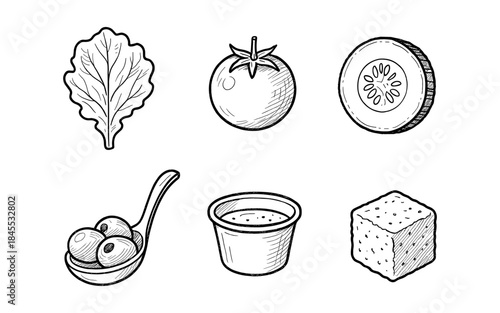 Hand-drawn salad ingredients including lettuce, tomato, cucumber, olives, dressing, and croutons