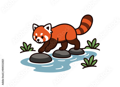Flat vector illustration of bright red panda stepping carefully on stepping stones over stream