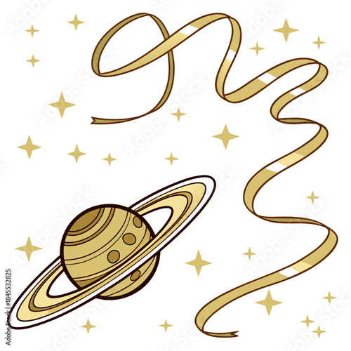 Gold saturn planet with ring and ribbon