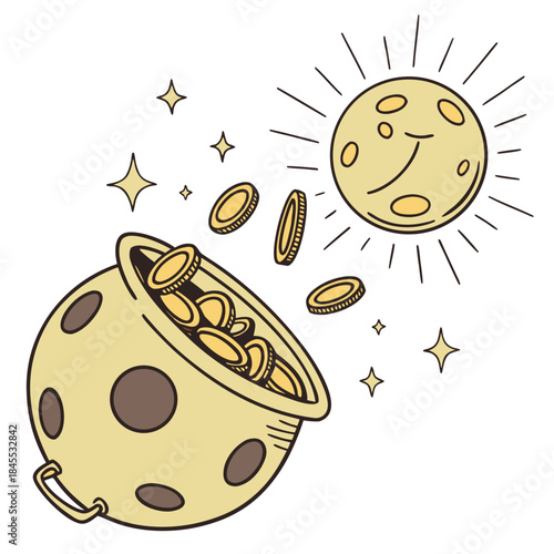 Cartoon gold cauldron with coins levitating to smiling moon