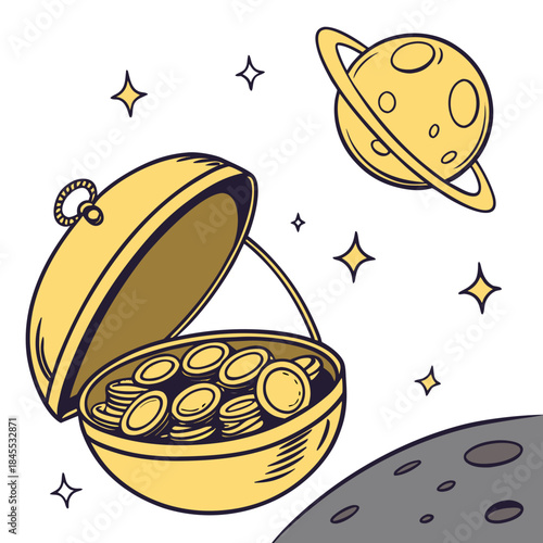 Of shiny gold treasure chest filled with coins levitating in space near planet and moon