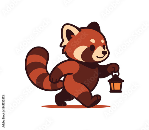 Flat vector illustration of bright red panda holding tiny lantern while walking at dusk