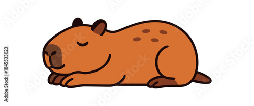 Flat vector illustration of bright capybara lying on belly with chin resting on paws relaxed pose