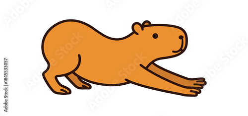 Flat vector illustration of bright capybara stretching long with front legs extended