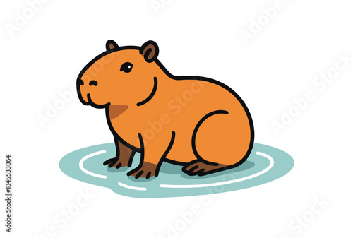 Flat vector illustration of bright capybara sitting shallow water with gentle ripples around
