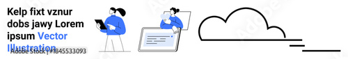 Cloud storage, digital collaboration, technology, communication, teamwork, internet services. Two abstract figures using digital devices with a cloud symbol. Cloud storage and digital collaboration
