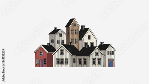 Charming cluster of diverse residential houses in a quaint village setting.