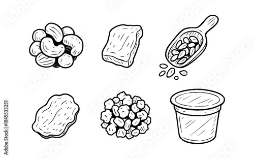 Hand-drawn collection of various nuts and dried fruits in a simple sketch style