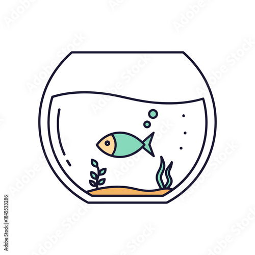 Minimalist Fish in a Round Fishbowl with Aquatic Plants.