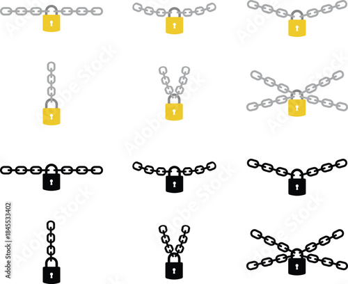 Set of padlock chain icons, collection of lock and security symbols, group of flat vector illustrations, add safety, protection, secure, and privacy concept, black style