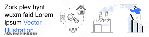 Business strategy, industrial production, team collaboration, real estate, market growth, innovation. Factory and house icons, man analyzing data. Business strategy and industrial production concepts