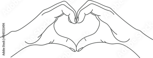 Minimalist line art drawing of two hands forming a perfect heart shape symbol